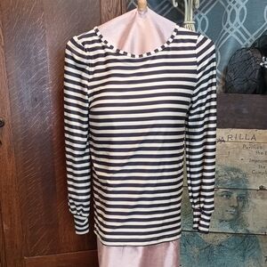 NWT. Fitted Charcoal Gray And Ivory Striped Rounded Neck Long Balloon Sleeve Top